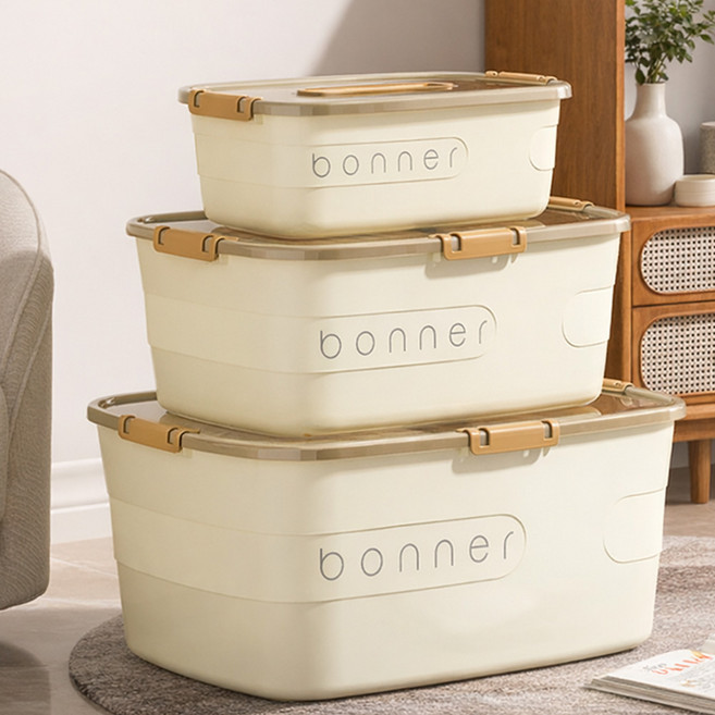 이지몰 대용량 리빙박스 3종 세트 뚜껑형 적층 수납 정리함, 1세트, 크림