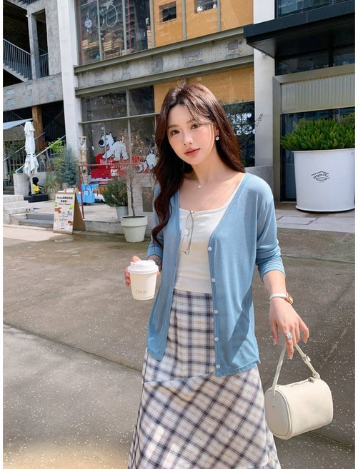 輕薄開衫女春夏新款黃色冰絲針織外套薄款天絲防曬外搭上衣, 霧霾藍