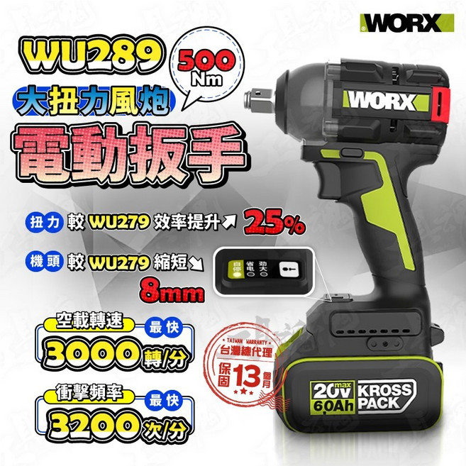威克士 WU289 20V 無刷衝擊扳手 500Nm 拆胎 汽修保養 電動工具, 1個, 空機(不含電池、充電器)