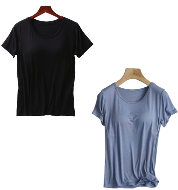 YEON HOME 여성 노브라티 브라캡 모달 반팔 티셔츠 2P