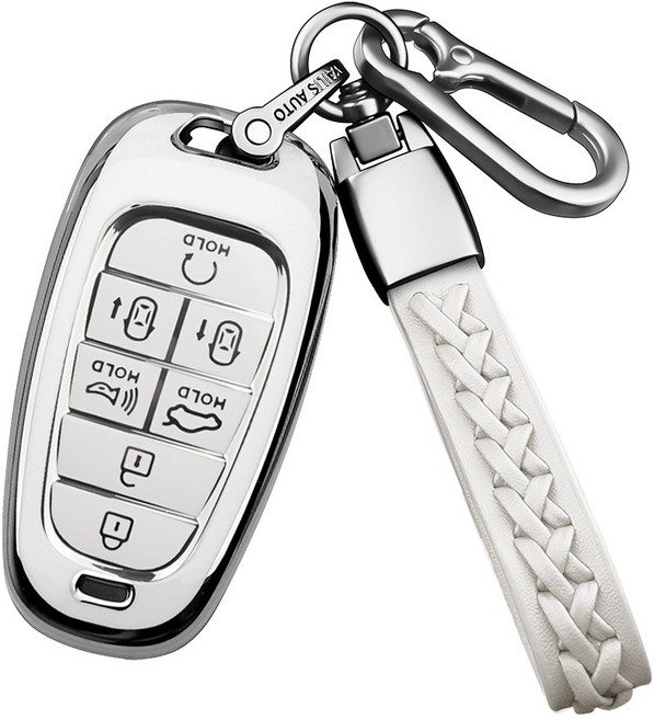 MODACE 현대 차키케이스+가죽 메탈 키링 열쇠고리(5버튼/7버튼)TPU 소프트젤 보호 케이스, 7버튼-실버 화이트