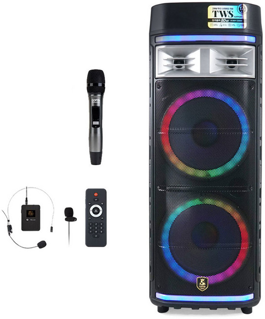 컴스 고출력 대형 블루투스 이동식 앰프 스피커 버스킹 장비 휴대용 행사용 노래방 무선마이크 세트, LM3(앰프+무선마이크+무선헤드마이크)