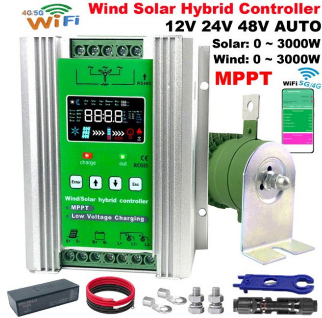 12V 24V 48V MPPT 1200W 하이브리드 풍력 태양광 충전 컨트롤러 ( 덤프 로드 와이파이 기능 포함 모든 배터, 02 12V 24V 48V AUTO, 01 With WiFi, 03 Wind3000W Solar2500W, 1개