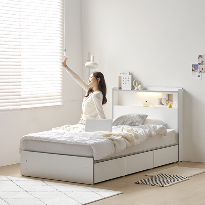 알파침대 프린 LED 1단 수납 침대프레임 방문설치, 화이트