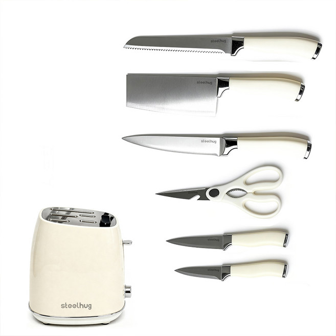 steelhug 주방 칼 7종 세트 중식도+식도+빵칼+만능칼+과도+가위+칼블럭, 1세트, 화이트