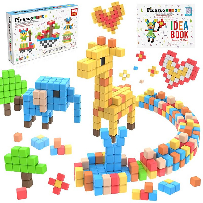 자석 큐브 빌딩 블록 108개 1인치 자기 장난감 건설 아이디어 북이있는 교육 감각 학교 & 유치원용 어린이 소년 소녀 유아 PicassoTiles PMC108, 1개, 상세페이지 참조