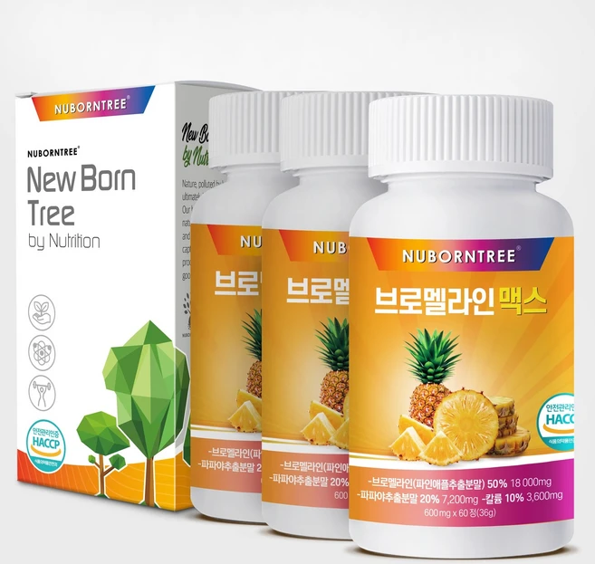 브로멜라인 18000mg 맥스 보이차 레몬밤 모링가 배합 파인애플효소, 3개, 60정 - 쿠팡