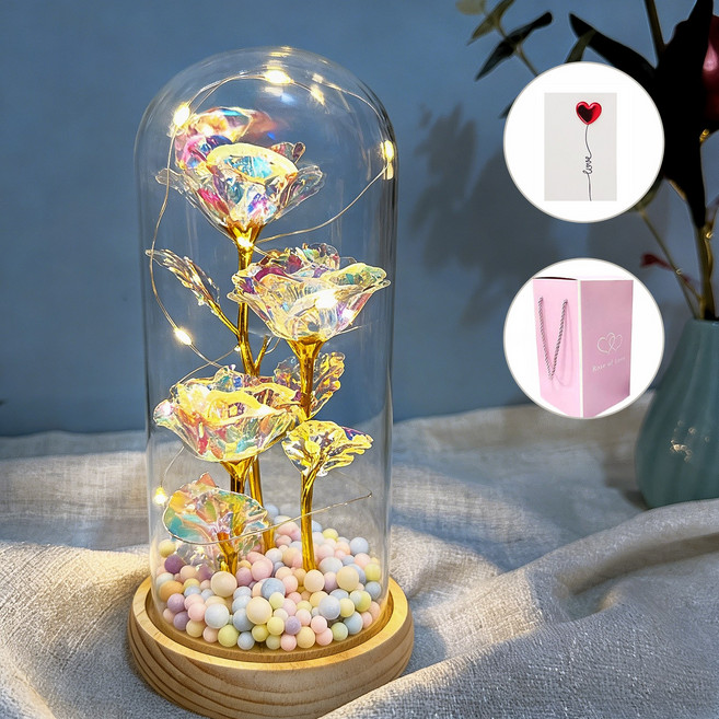 Novah 장미 유리돔 무드등 프로포즈 LED 홀로그램 어버이날 기념일 선물, 오로라 장미
