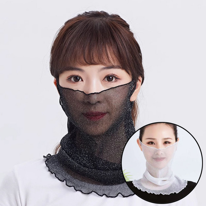 미즈코스 쉬폰 쿨 스카프 시스루 목토시 여름 쿨목토시 넥워머 자외선차단 얼굴 가리개, 1세트, 검정+화이트