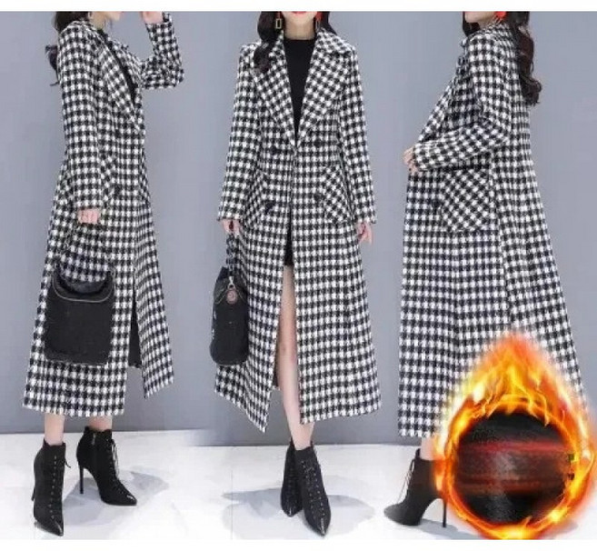 해피유통 여성 도톰 코트 롱 슬림 모직 체크코트 jh sky