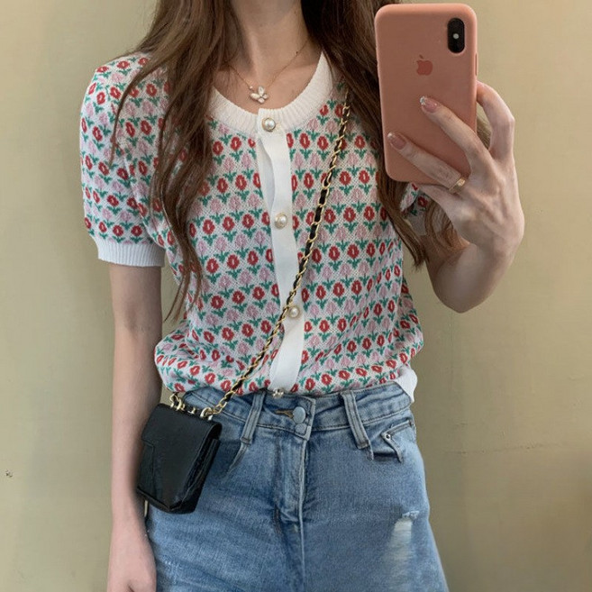 DUOMIHAN여성 꽃무늬 반팔 니트 가디건 버튼 포인트 WZS60421