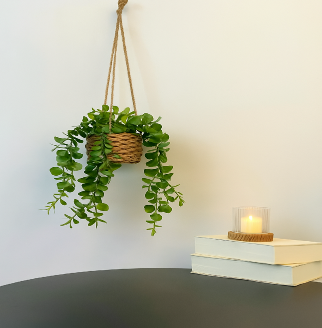 힐링 유칼립투스 조화 행잉 넝쿨 바구니 화분 걸이 벽장식, 1개, 32cm 유칼립투스 그린
