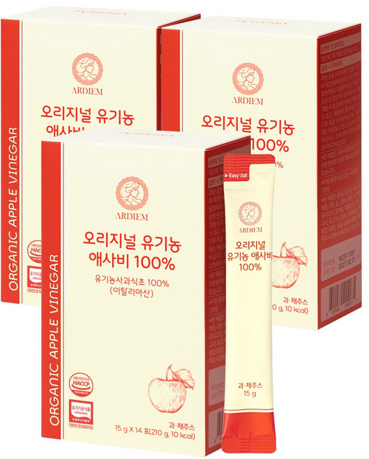 아르디엠 오리지널 유기농 애사비 100% 애플사이다비니거 스틱 14회분, 3개, 210ml