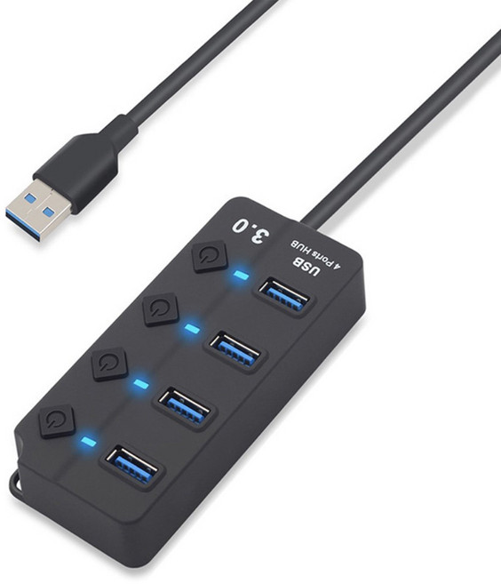 셀인스텍 USB3.0 4포트 개별스위치 USB확장 연장 USB허브, 블랙, 1개
