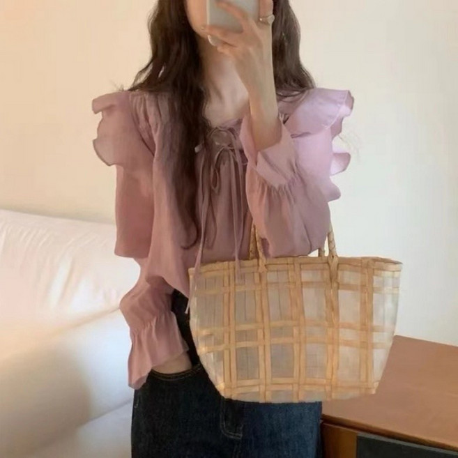 아이엠몽 여성 쉬폰 프릴 셔링 블라우스