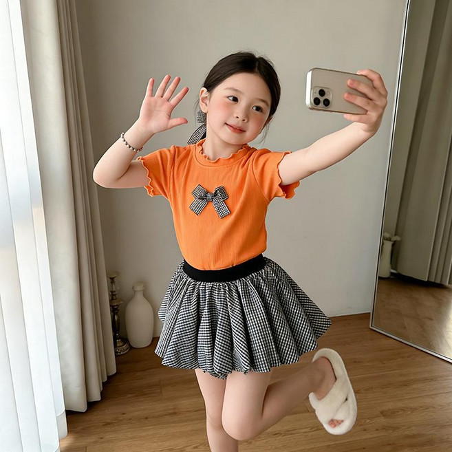 女童夏季短袖T恤格紋裙套裝