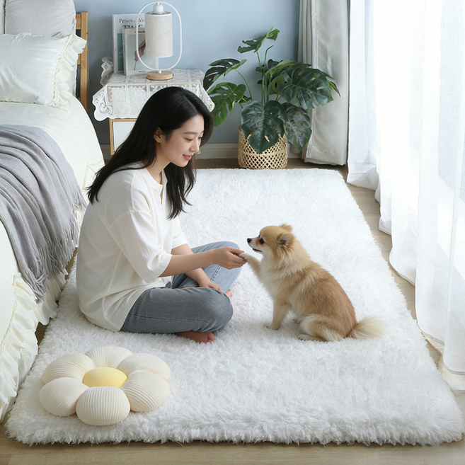 CIVILEE 극세사 샤기 러그 거실 침실 카페트 부드러운 장모 러그 사계절 미끄럼방지 물세탁 가능 화이트
