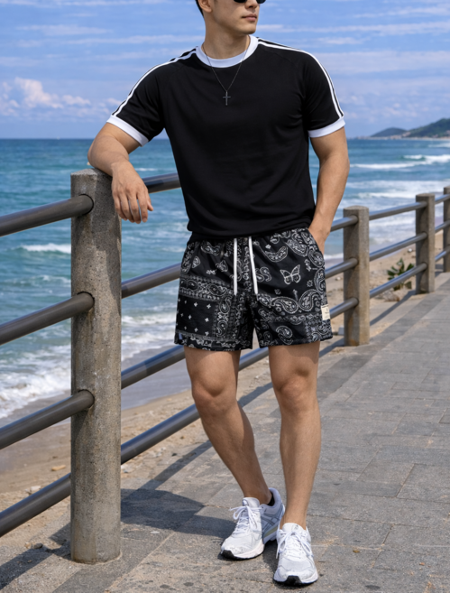 남녀공용 페이즐리 패턴 숏 반바지 러닝팬츠