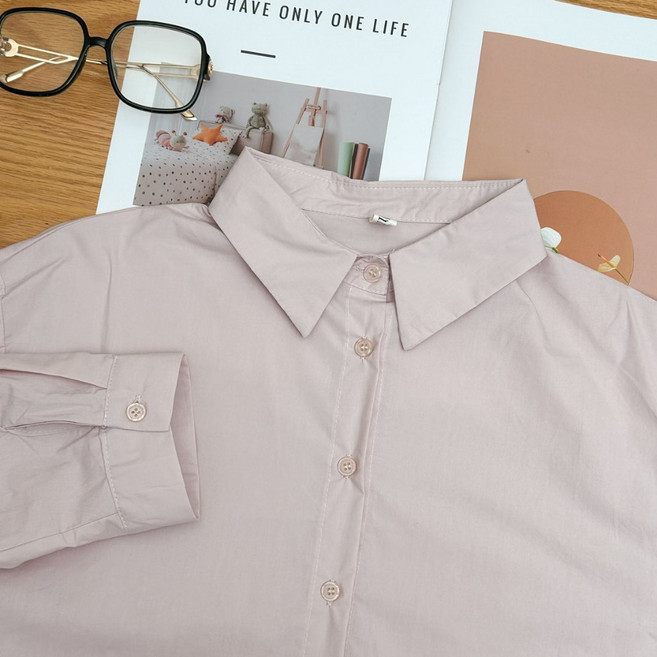薄棉短版長袖襯衫外套 翻領溫柔色系 基礎素色襯衫