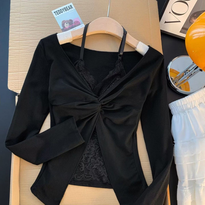 페이준 여성 봄가을 섹시 브이넥 레이스패치 슬림 긴팔 티 솔리드 이너 티셔츠 YJ4672