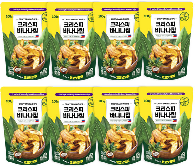 크리스피 바나나칩 2~12세트 / 코코넛오일 튀김 / 바삭한 수입과자 / 건강간식 / 스낵1번지 공식, 8개, 100g