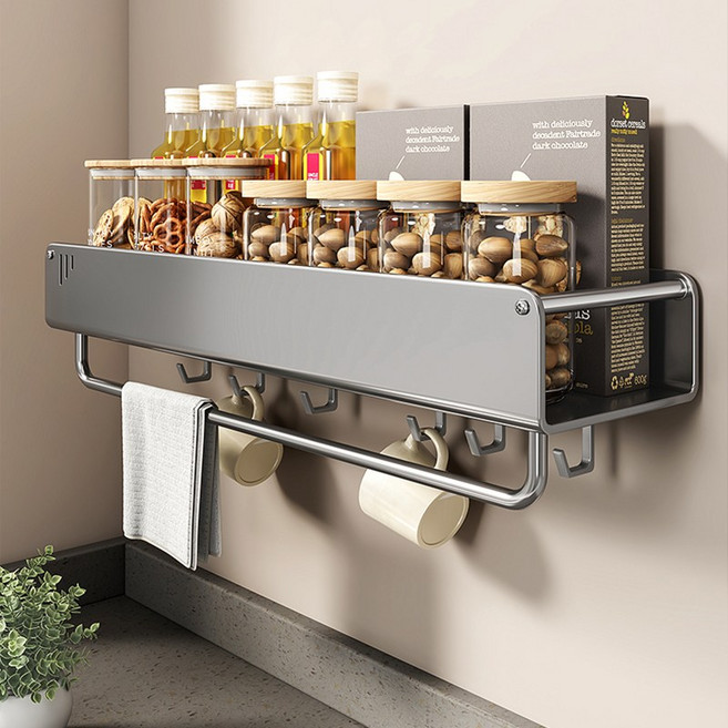 벽걸이 다용도 수납 선반 주방 양념 욕실 정리대 무타공, 1개, 건메탈