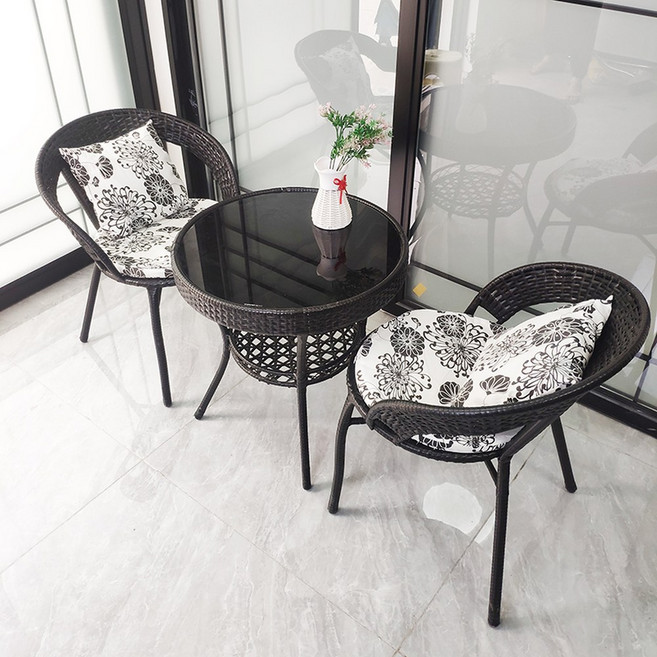 라탄 테이블세트 카페 야외 정원 연탄테이블, 5 업그레이드 2 체어 1테이블 블랙 쿠션 증정