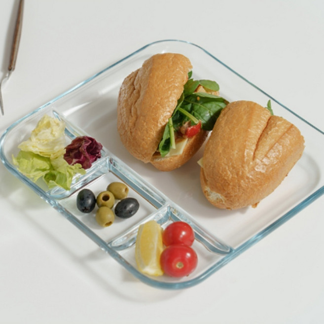 투명 유리 식판 4칸 나눔 접시 플레이팅 내열 분리 식기, 1개