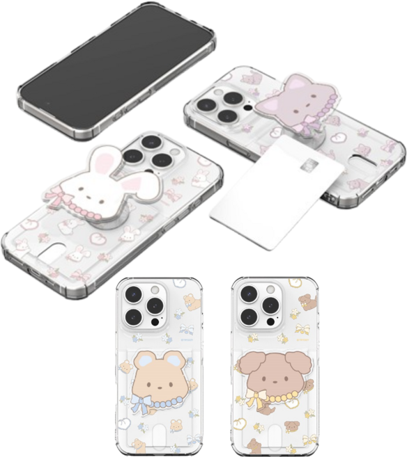 갤럭시노트10(N971) 큐티펫 에어쿠션 클리어 카드 케이스+아크릴 그립톡