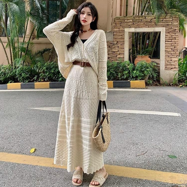 칩썬데이 니트 투피스 세트 롱스커트 가디건 여성 내추럴 꾸안꾸 데일리룩 리조트룩