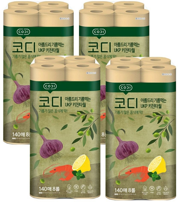 코디 아름드리 기름먹는 UKP 키친타올 140매, 8롤, 4개