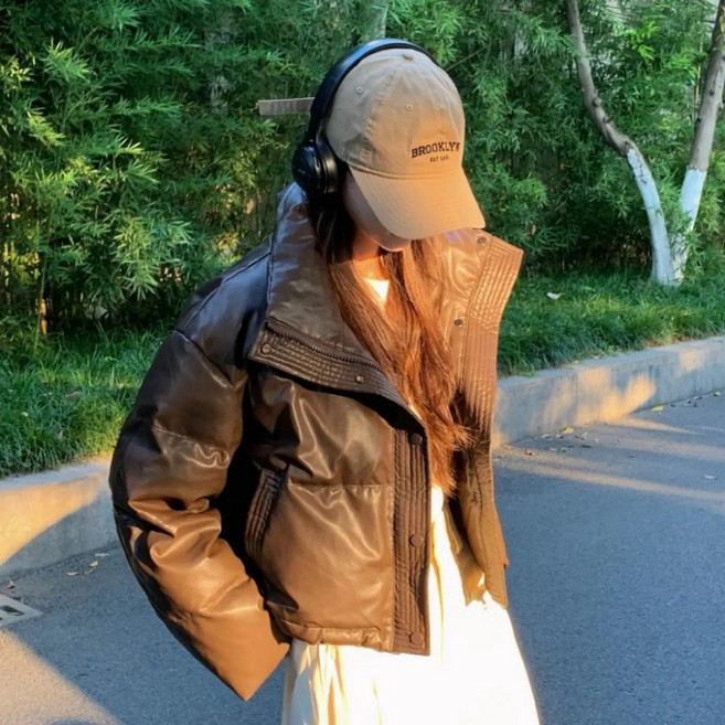 SELEAD 추동 여성 하이넥 PU 숏 자켓 오버핏 크롭 숏패딩 레더 크롭 패딩 PU 점퍼