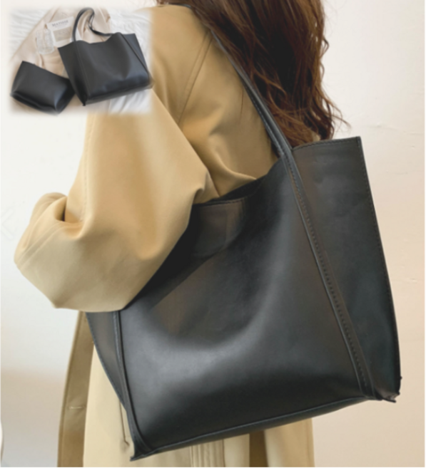 VEETIZ 여성 가죽 토트백 + 파우치 데일리 노트북 무지 대용량 가방 쇼퍼백