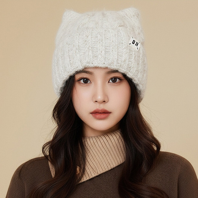 보니타콜렉티드 여자 고양이 귀 도톰 니트 모자 캣 이어 털모자