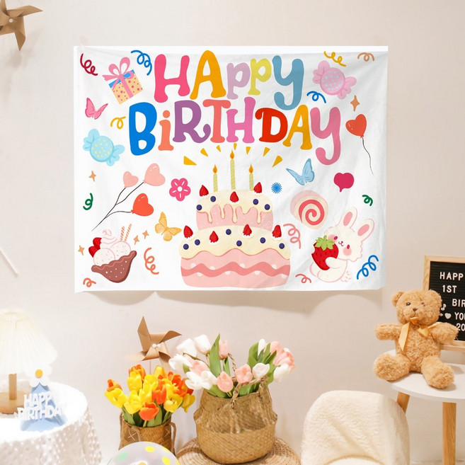 生日掛布 慶生佈置 生日背景布 派對帽小棕熊 90*90cm, 生日掛布-白色兔子蛋糕款(95*75cm
