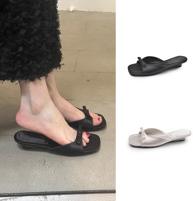 히또리 S2525 3cm 리본 포인트 하프 웨지 낮은 여성스러운 쿠션감 좋은 발편한슬리퍼 샌들
