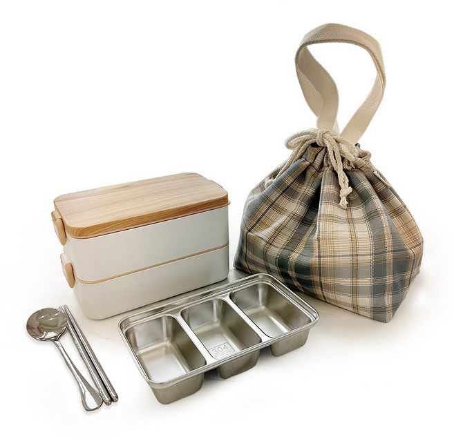 다소다 웜 스텐 도시락 + 보온가방, 화이트세트+세칸분리스텐, 1세트