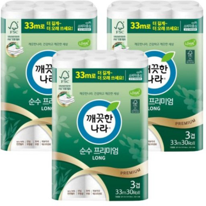 깨끗한나라 순수프리미엄 롱 33m 3겹 60롤 물에 잘녹는 화장지 휴지 3팩, 깨끗한나라 순수프리미엄 롱 33m 3겹 60롤 물에 잘