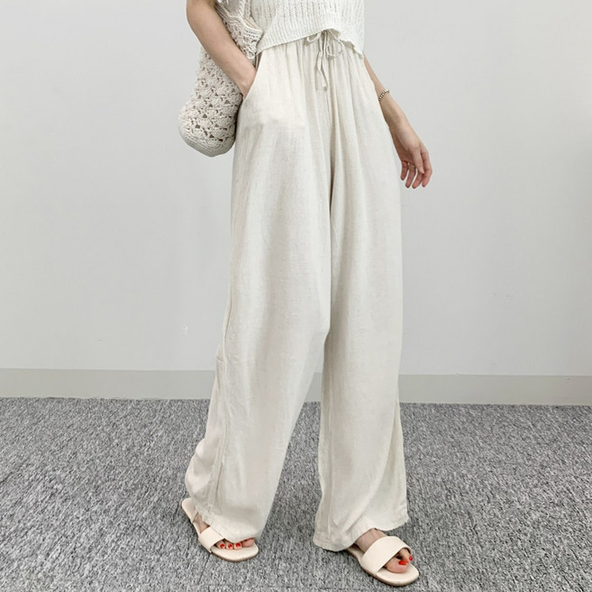 소유진 여성용 찰랑찰랑 시원한 여름 린넨 와이드일자 밴딩슬렉스 바지