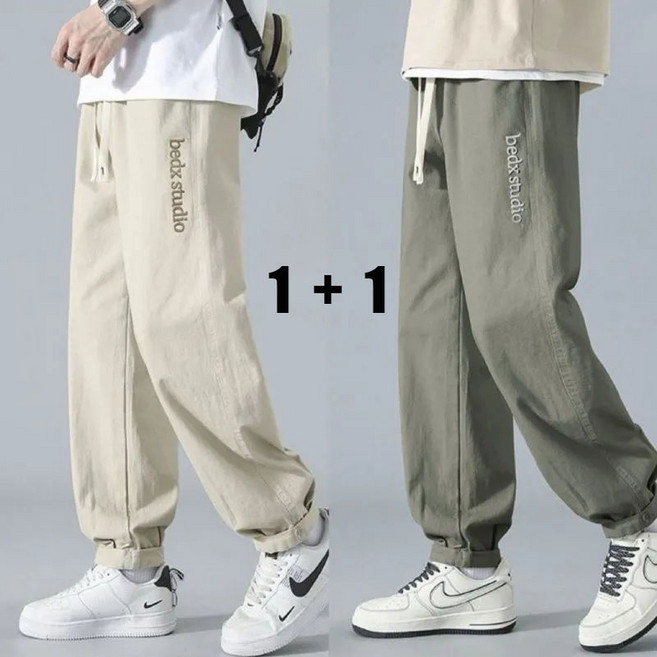 MAKABORO 남성 1+1 조거 팬츠 자수 와이드 캐주얼 일자 긴바지 카고 바지