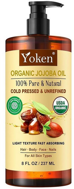 Yoken USDA 유기농 호호바 오일 냉압착 236.6ml8온스 100% 순수 & 천연 정제되지 않은 오일 얼굴 헤어 및 피부 마사지용 헥산 프리 딥 모이스처라이징 바, 8액량온스(1개입), 1