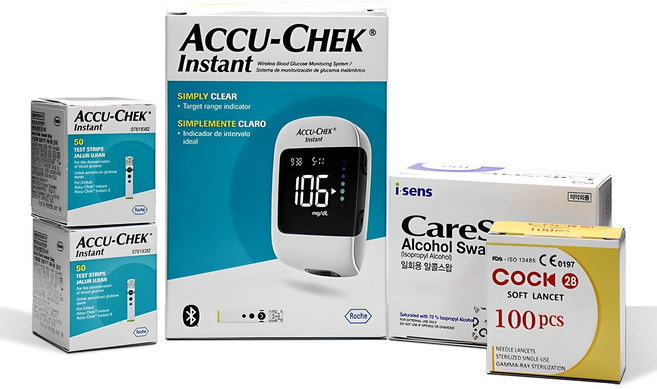 로슈 아큐첵 인스턴트 혈당측정기 풀세트 [혈당계+시험지100매+침110개+솜100매] 혈당체크 당뇨측정기, CR2032, 1세트