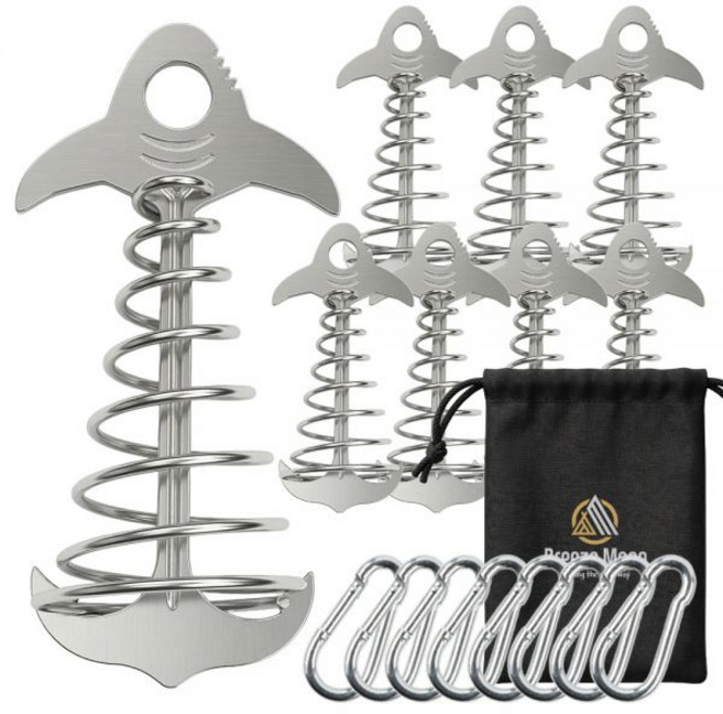 브리즈문 샤크플러스 데크팩 8P 세트 스텐 오징어팩 텐트 타프 고정 팩 + 보관파우치, 스프링2P+사은품(강철비너2P)