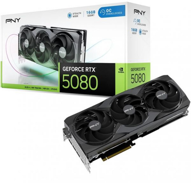 PNY 엔비디아 지포스 RTX™ 5080 슬림 듀얼팬 듀얼슬롯 오버클럭 그래픽 카드 16GB GDDR7 소형 폼팩터 호환 256비트 부스트 속도 2730 MHz PCIe 5.0, Triple Fan OC