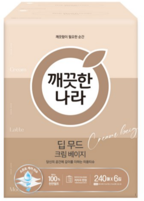 깨끗한나라 딥무드 미용티슈 크림 베이지 2겹, 240매, 102개