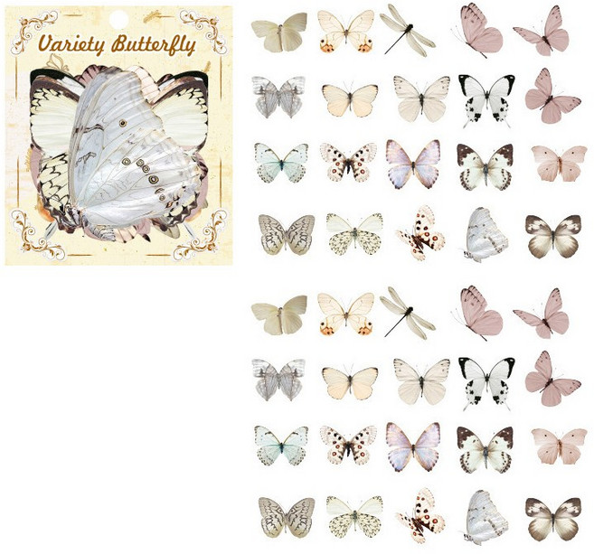 올리브파티 버라이어티 버터플라이 시리즈 나비 빈티지 감성 방수 다꾸 스티커 40매 세트, 1개, 화이트