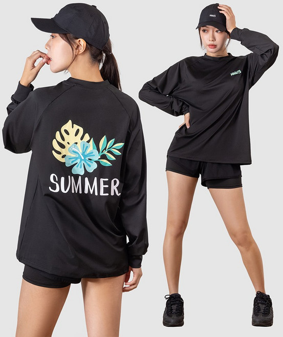 여자 루즈핏 래쉬가드 상의 + 일체형 레깅스 반바지 하의 자외선차단 수영복 비치웨어 세트