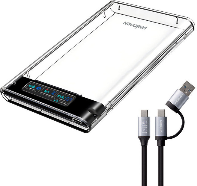 유니콘 스마트컬러LCD 2.5인치 HDD SSD 투명외장하드케이스 USB3.2Gen1 A+C타입젠더 슬라이딩결합 HSD-L40