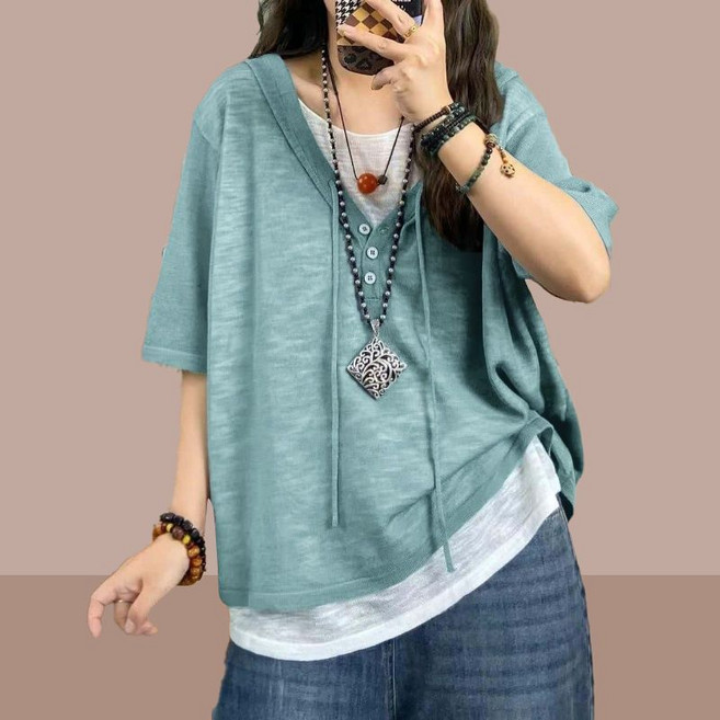 여성 여름 루즈핏 반팔 티셔츠 후드 레이어드 반팔티 캐주얼 데일리 상의