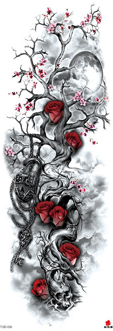 紋身貼紙 玫瑰枯樹鎖頭圖案設計, TQB-06